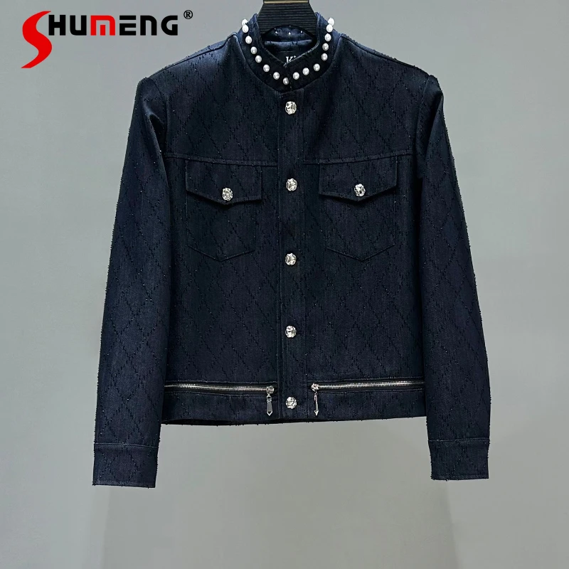 

Men's 2025 Autumn New Small Fragrant Pearl Short Denim Jackets Men's Trendy Padded Shoulder Zipper Pocket Decoration Tops Coats