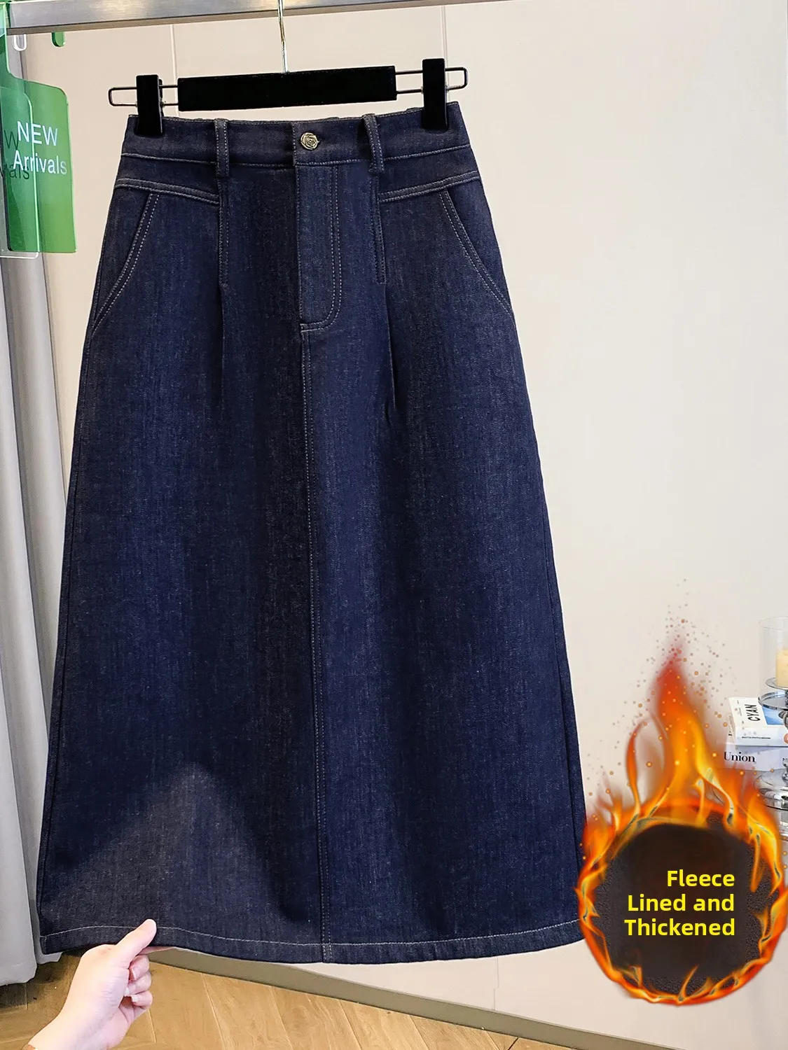 Fleece Lined Thickened Elastic Loose Mid-Length Denim Skirt Women plus Size Comfortable Half Skirt Cotton Polyester Blend