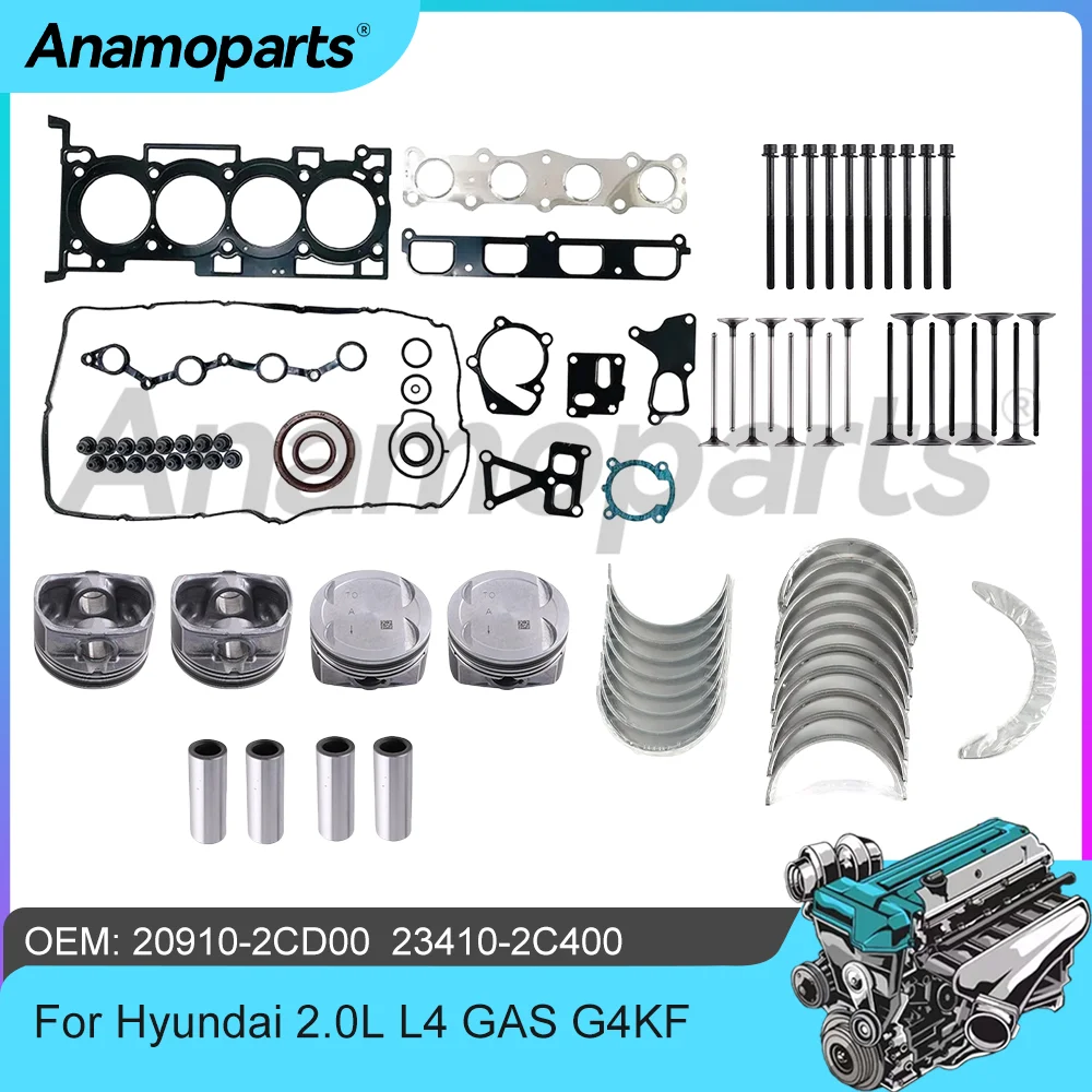 Kit de reconstrucción de revisión de motor, juego completo de juntas, rodamientos de válvula de admisión y escape aptos para GAS 2,0 L L4 G4KF para Hyundai Genesis 2.0L 10-14