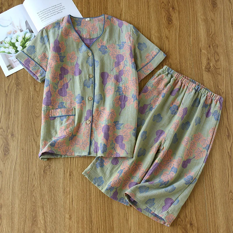 2024Japanese Spring/Summer New Women's Pajama Set 100% Cotton Crepe Short Sleeve+Capris Two Piece Ladies Thin Home Suit Cardigan