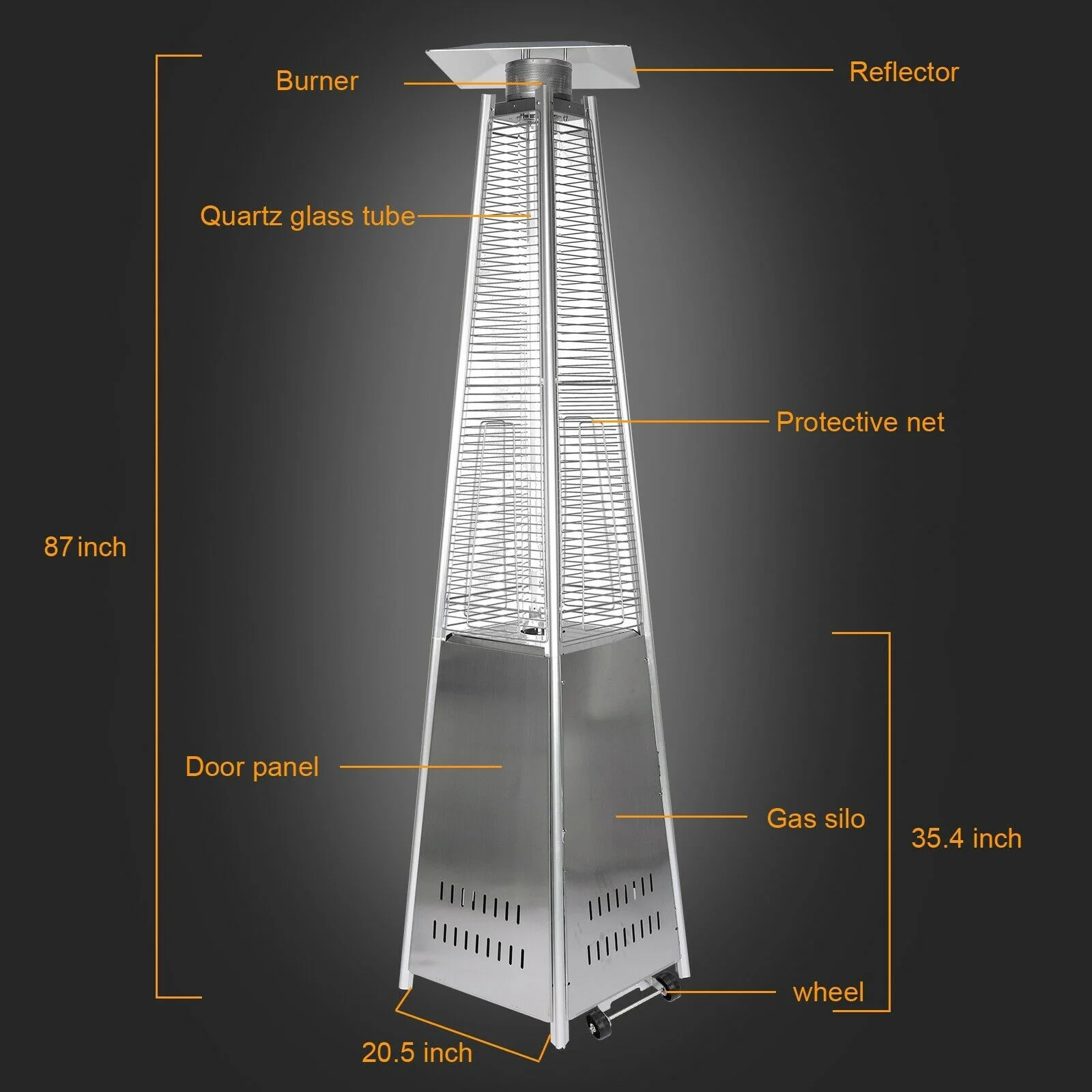 Patio Outdoor Heating-Silver Stainless Steel Pyramid  Propane Heater W/Wheels