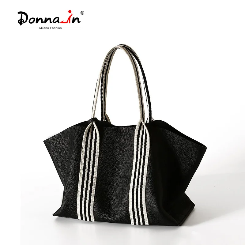 

Donna-in Genuine Leather Women Tote Bag Top Layer Cowhide with Canvas Handbag Large Capacity Shoulder Bag Full Grained Commute