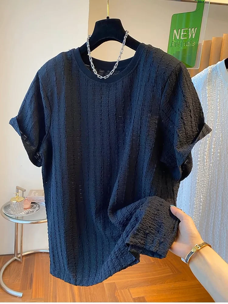 plus Size 300 Pou Women's T-irt round Ne ort Sve Loose Casual Versatile f Sve Summer Top Textured Folded