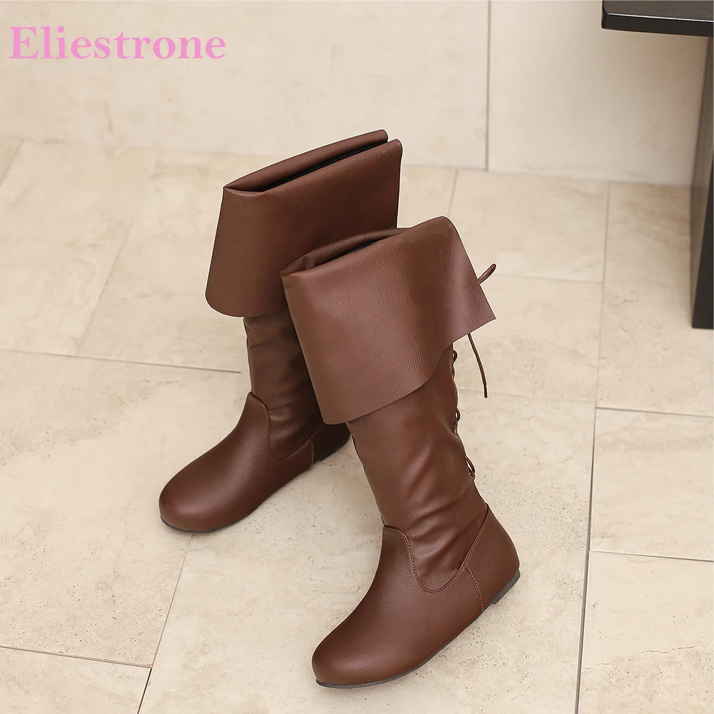 

2025 Новые зимние милые черные коричневые женские ботинки до середины икры Горячие женские повседневные туфли на широком плоском каблуке Плюс Большой размер 10 44 46 48