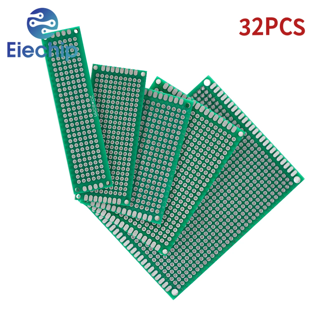 Double-Sided PCB Circuit Board Kit, DIY Proto Boards, verde, 2*8cm, 3*7cm, 4*6cm, 5*7cm, 7*9cm, 32PCs