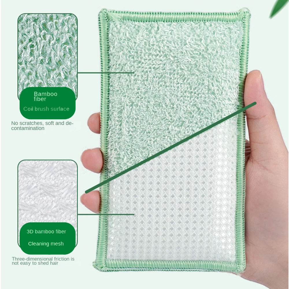 set Bamboo Fiber Sponge Dishwashing Rag Scouring Pad Reusable Oil-free Double-sided Household Brush Cleaning Tool Kitchen