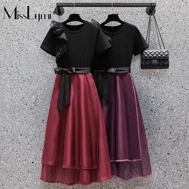 

MissLymi Big Size Women Fake two Pieces Vintage Dress Purple Summer 2022 Short Sleeve Ruffle Patchwork Lacing Elegant Long Dress