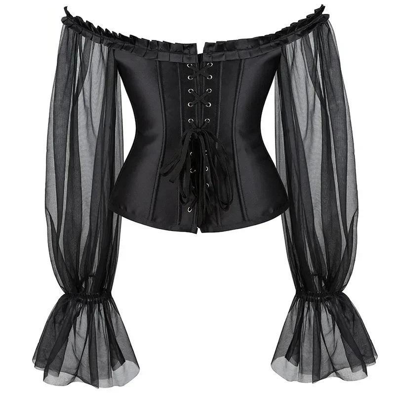 Топ-бюстье с длинными рукавами, готический викторианский женский корсет, винтажный баскский корсет с открытыми плечами и талией, корсет с завышенной талией