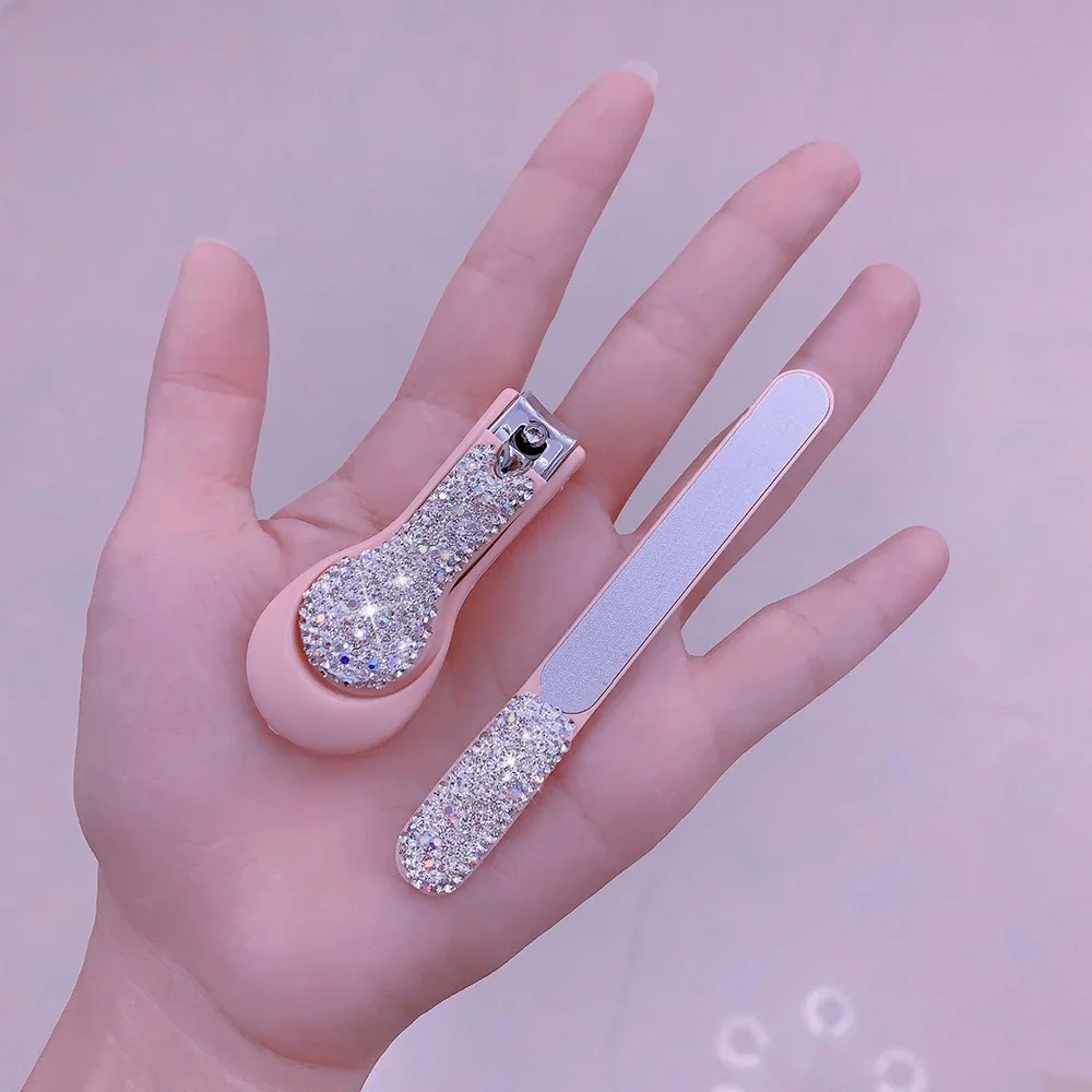 Bling Rhinestone Stainless Steel Nail Clippers 2 Pcs Set Manicure Set Fingernail Toenail Cutter Splash-proof Nail Scissor Tool