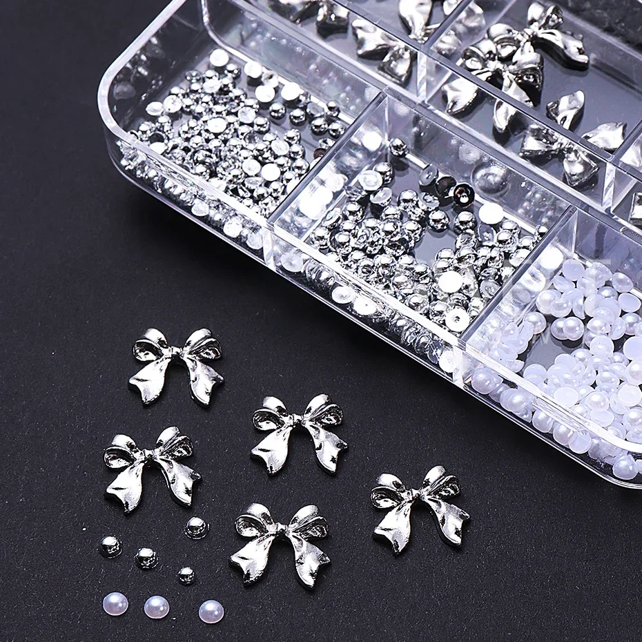 Nail Art Decoration for Manucure, 6 Grids, Y2K Mirror Bow, Metallic Silver Ruban, Bowvétérans t Pearl, Semi-comprendre, Flatback Beads, Jewelry Parts