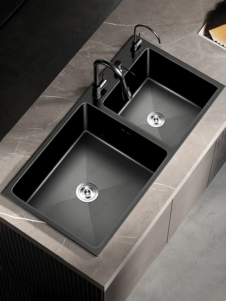 Black Stainless Steel Kitchen Sink Large Capacity Double Sink Thickened Handmade Workstation With Faucet And Telescopic Basket