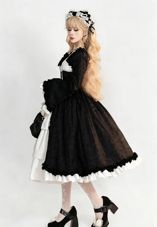 S-5XL Elegantes mittelalterliches Retro-Gothic-Hof-Lolita-Kleid, Ballkleid, quadratischer Ausschnitt, taillierte Passform, Schleife, Damen-Kostüm, Vestido-Kleid – Detail 5