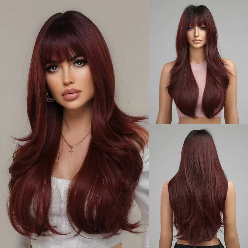 Long hair with bangs, gradient burgundy color, wig cap