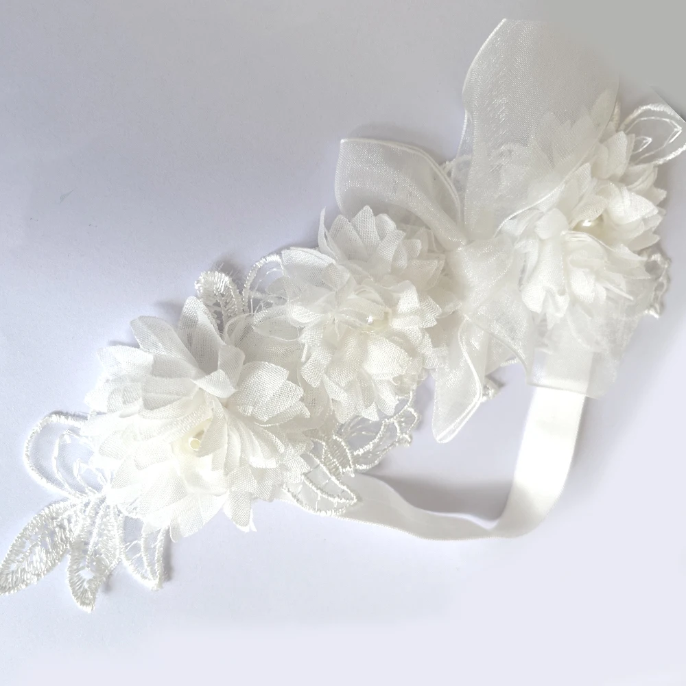 Weiße Spitze Chiffon Blumen Stirnband Baby Mädchen Blumen Turban Prinzessin Mesh Floral Perle Neugeborenen Haar Blume Photoprop Kopfbedeckung – Detail 20