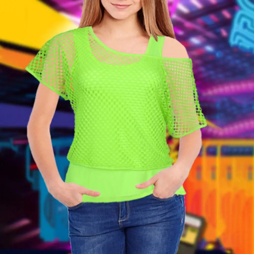2枚セット レディース 80年代 ディスコ ネオン フィッシュネット Tシャツ トップス 半袖 ホローアウト メッシュ クロップトップ セクシー パンク キャミソール カバーアップ レイブパーティー