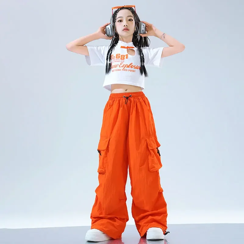 Girls Hip Hop Dancing Crop Top Orange Cargo Pants Boys T-shirt Street Dance Joggers Kids Streetwear Children Jazz Clothes Sets
