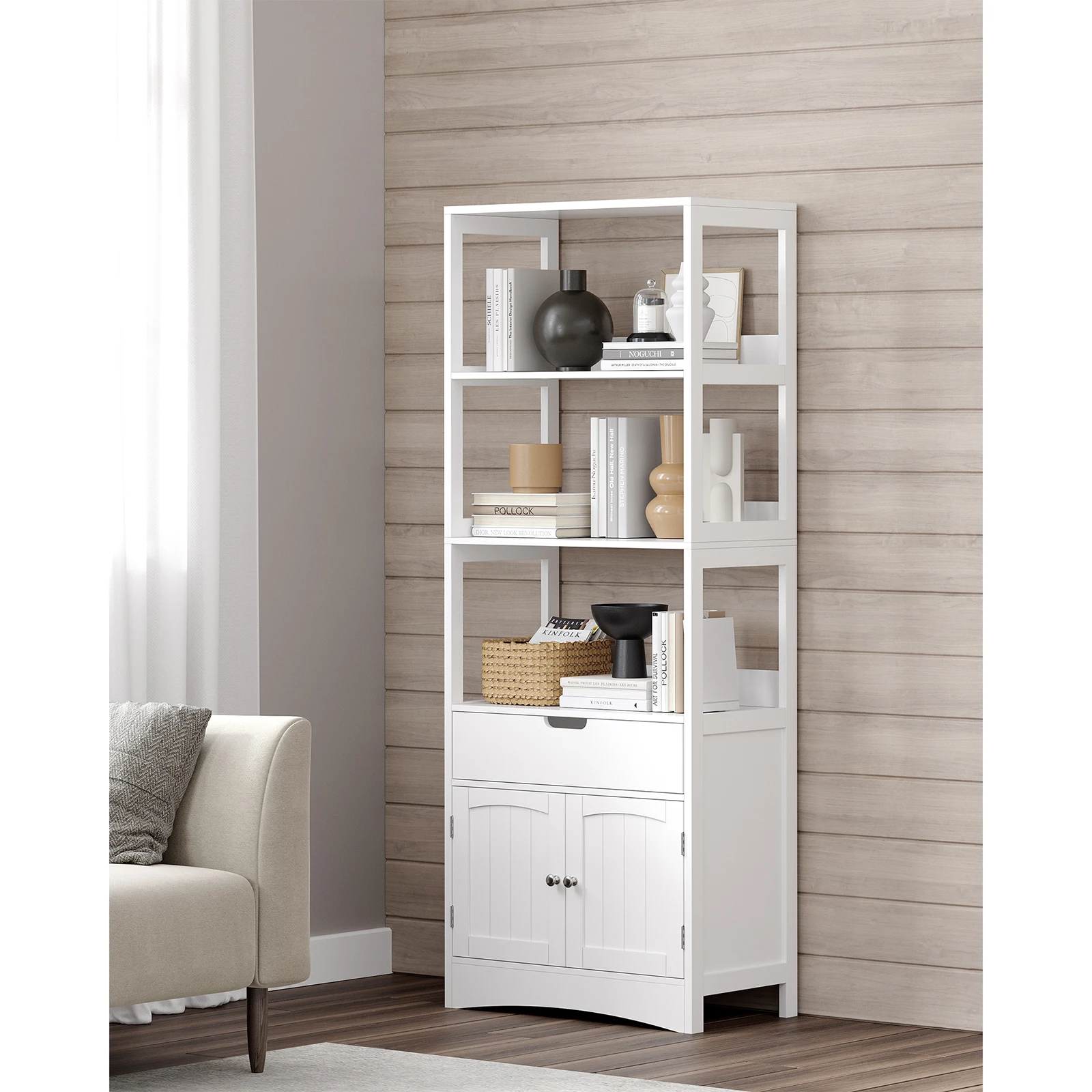 VASAGLE Bathroom Storage Cabinet, with 3 Open Shelves, 1 Large Drawer and 1 Cupboard, 32.5 x 60 x 154 cm