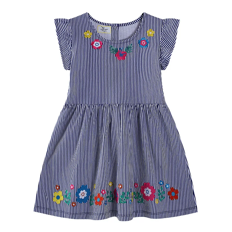 Robe courte à manches courtes à rayures bleu marine et blanc pour fille - avec motif floral brodé coloré - Convient aux âges de 2 à 7 ans
