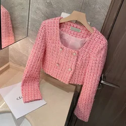 Pink Tweed Jacket Women 2023 Spring Runway Square Neck Pearl Button Coat Ladies Elegant Korean Style Fashion Crop Jackets Tops