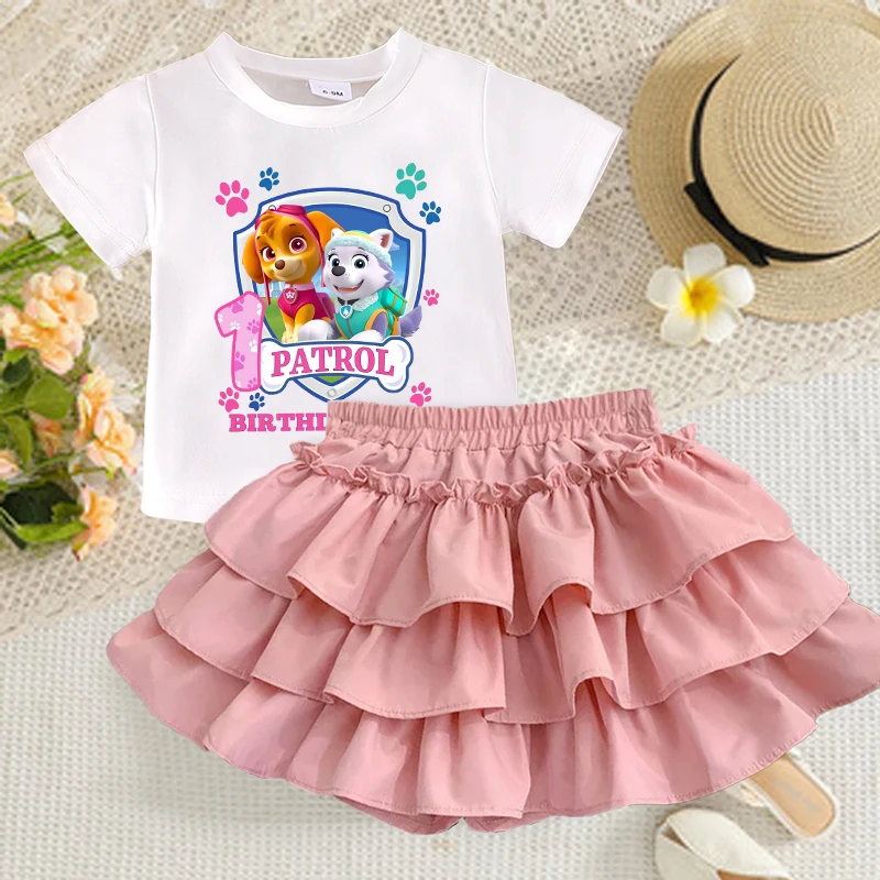 Paw Patrol – ensemble chemise à bulles douces pour filles, 2 pièces, T-shirt avec chiffres de dessin animé, robe imprimée, haut, costume, jupes d'été à la mode pour enfants