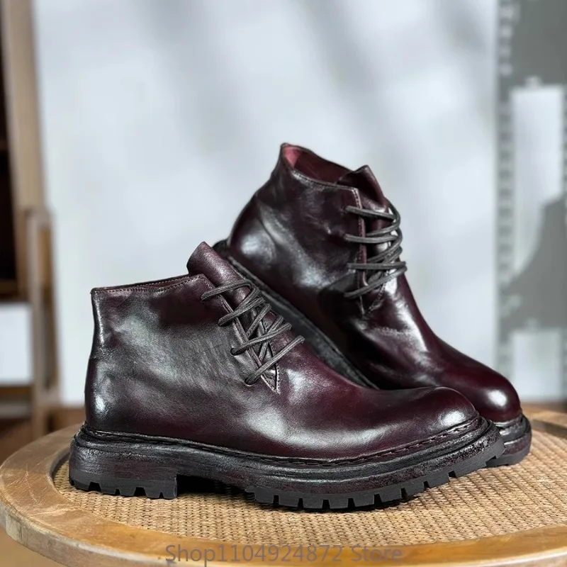 Handmade Retro Genuine Leather Desert Boots Men Casual High-top Outdoor Hiking Boots Round Head