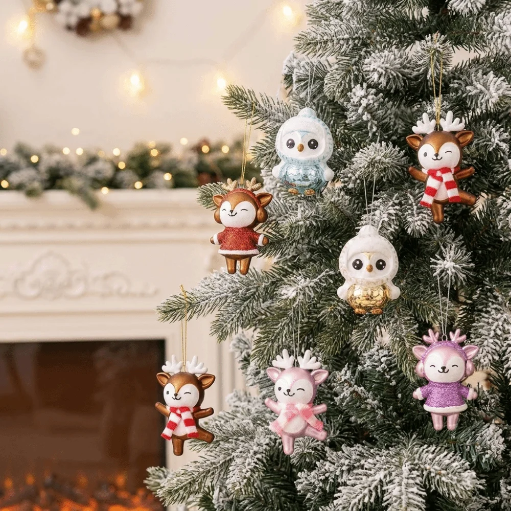Plastic Xmas Penguin Reindeer Pendant Electroplated Glitter Powder Christmas Tree Hanging Pendant Cute