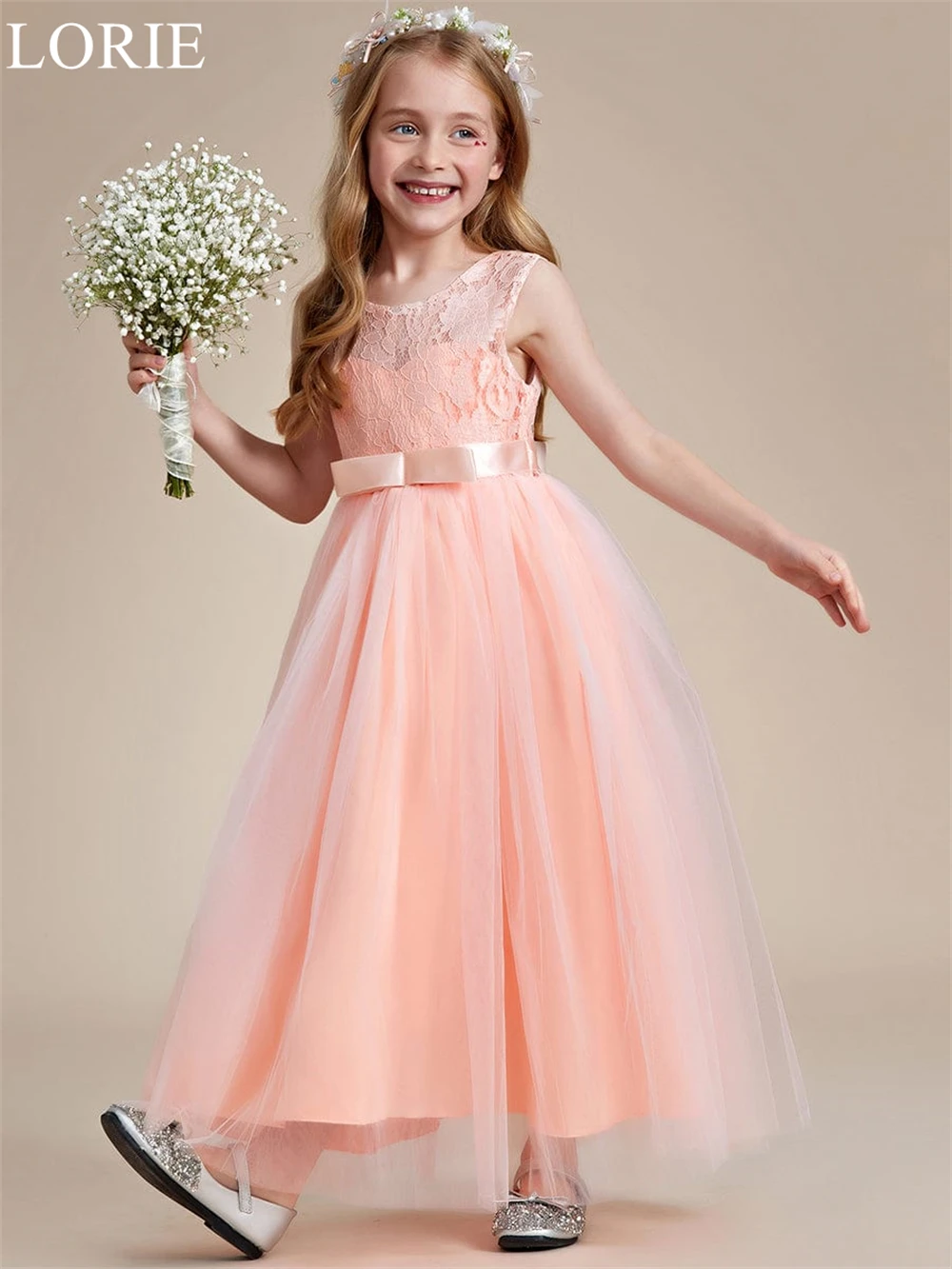 LORIE Cute Pink Lace Flower Girl Dresses O-Neck Pleated Ankle Length A-Line Wedding Party Dress 2025 Birthday Dress Customized