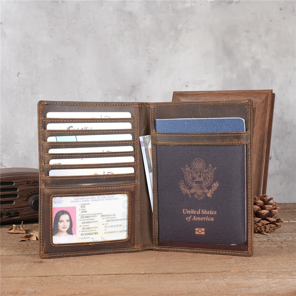 

5505 Male and Female Retro Crazy Horse Skin Genuine Leather Passport Bag with Multiple Card Position Document Bag