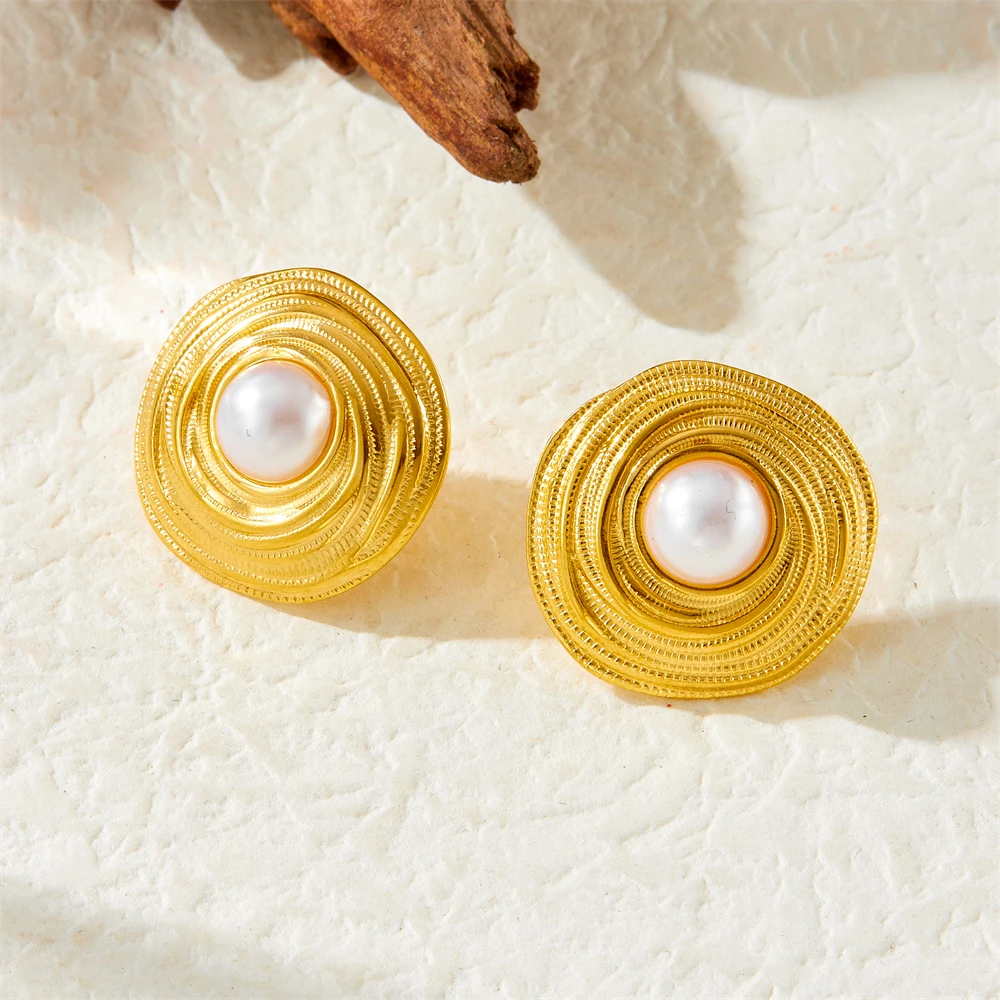 DIEYURO 316L Stainless Steel Golden Fashion Coil Weaving Inlaid With Pearl Earring For Womens New Trend Fashion Ear Jewelry Gift