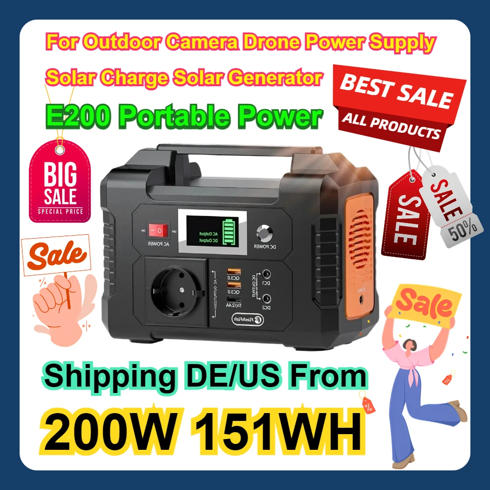 

E200 Portable Power Station 200W 151WH Battery AC DC For Outdoor Camera Drone Power Supply Solar Charge Solar Generator