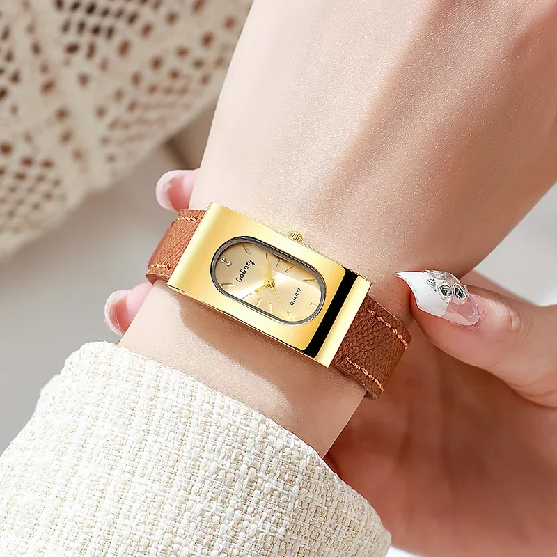 Jam Tangan Wanita Bermerek Mewah Jam Tangan Kuarsa Dial Persegi Panjang Modis Jam Tangan Tali Kulit Sederhana Hadiah Dropshipping