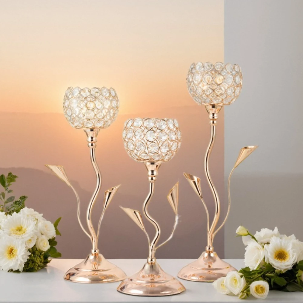 3Pcs Iron Flower Shaped Candlestick Vintage Gold Crystal Candle Holder Elegant Table Centerpiece for Wedding Home Decor
