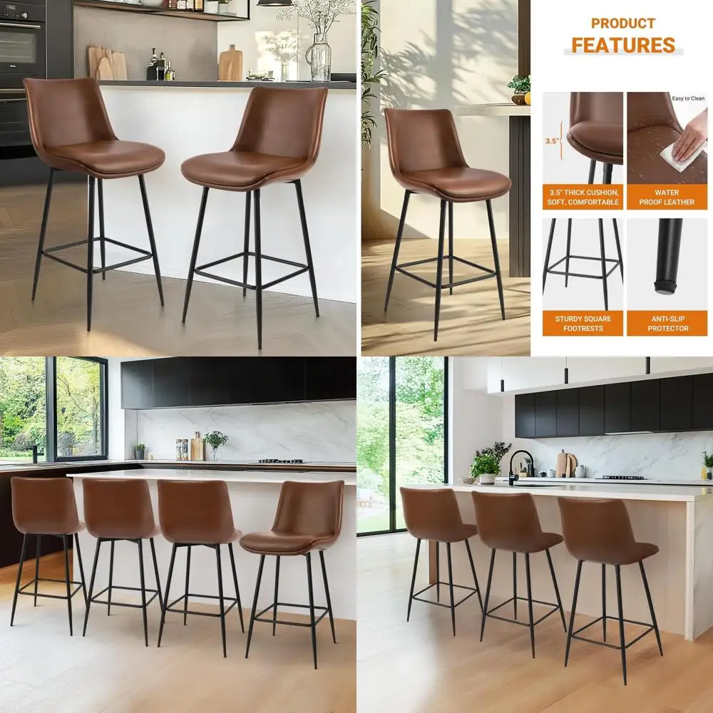 FSC-Certified Upholstered Faux Leather Bar Stools with Back, Metal Base, 27 Seat Height, Modern Style