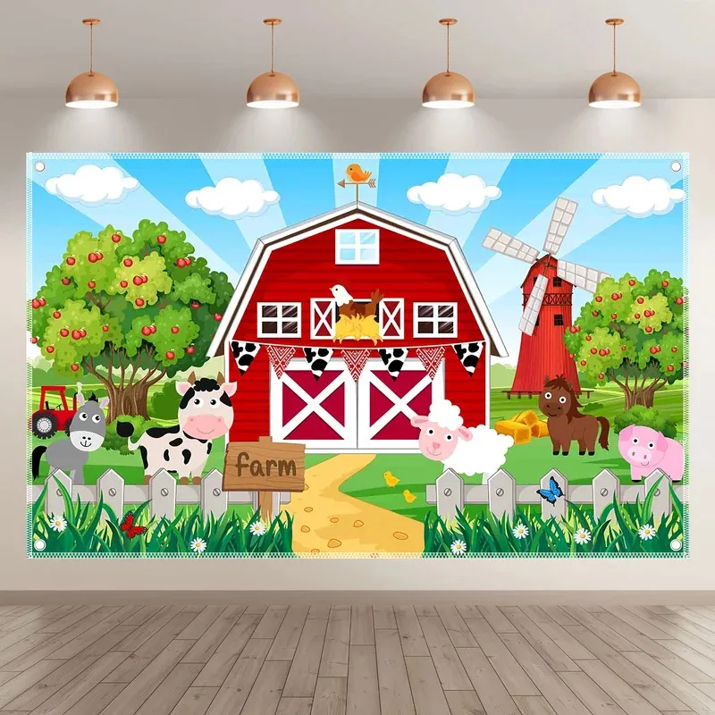 Tło fotograficzne z poliestru w stylu wiejskim: Kreskówkowe zwierzęta gospodarskie i scenerie stodoły, przyjęcie urodzinowe