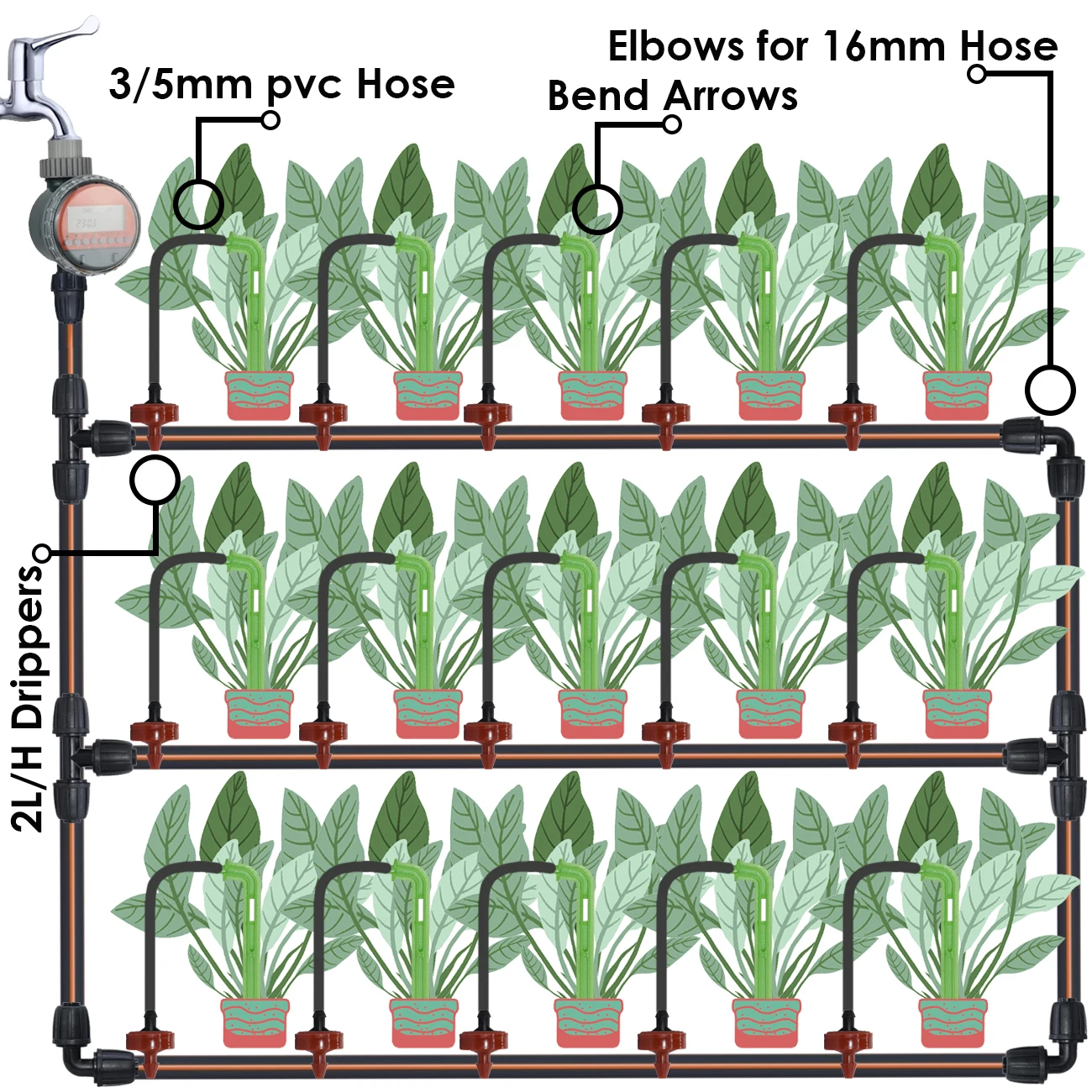 KESLA 50pcs Greenhouse Drip Irrigation 2L/H Green Bend Arrow Drippers Garden Watering System Kit 3/5mm Hose for Plant Pot Tools