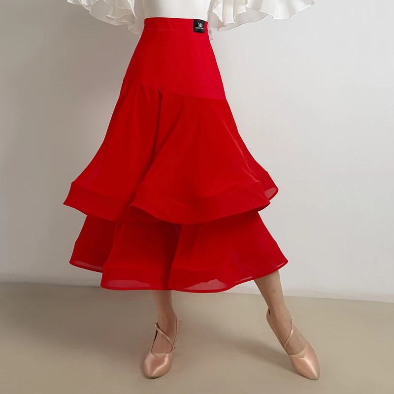

Adult Ballroom Dance Skirt Women Standard Modern Dance Clothes Dancer Training Costume Chiffon Red Skirt Ballroom Dancewear 3650