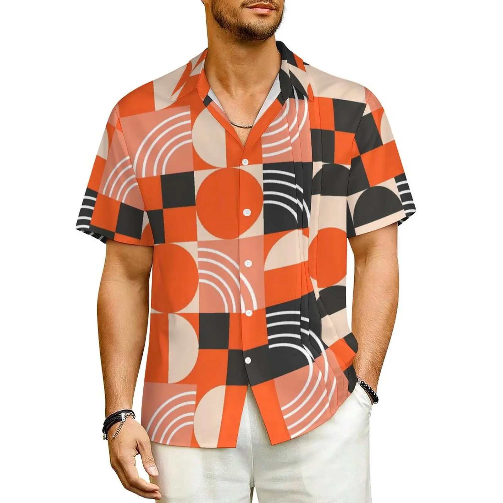 

Bright Color Block Beach Shirt Men Geometric Vintage Casual Shirts Summer Short-Sleeve Comfortable Oversized Blouses Present