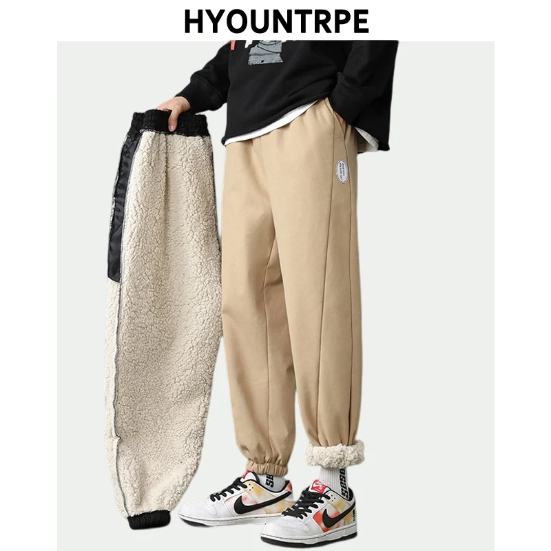 Mens High Street Loose Fit Elastic Waist Pants Winter Warm Fleece Pants Hip Hop Solid Drawstring Sportwear Sweatpants Joggers