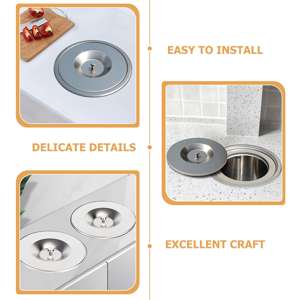 

1 Set Stainless Steel Trash Bin Lid Recessed Countertop Garbage Can Cover Kitchen Dustbin Bucket Lid For Small Waste Container