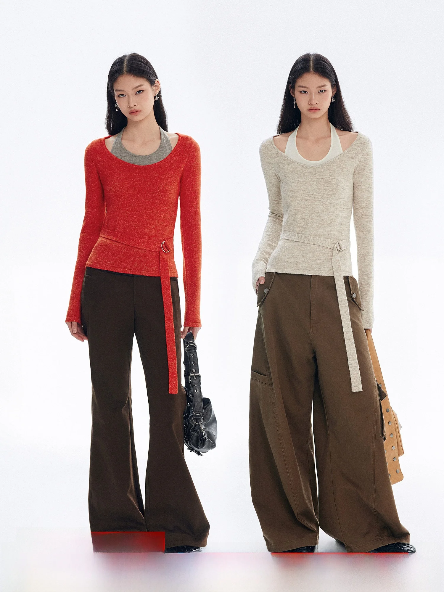 

Molycho New Year Retro Red Knitted Ne Hanging Waist Cinching Color Blo Top Women's Casual Slim Fit Long Sve round Ne