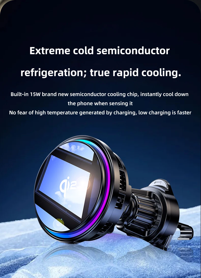 QI2 Ice Cooling Tempered Glass RGB Magnetic Wireless Car Charger Fast Charging Radiator For Magsafe iPhone 12-16 Phone Holder