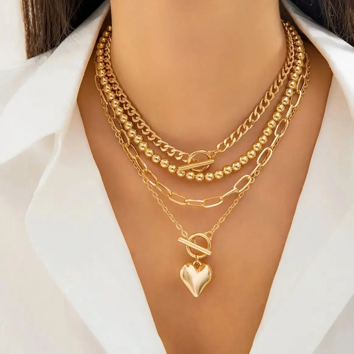 4Pcs/Set Punk Gold Color Heart Pendant Necklace for Women 2024 Trendy OT Buckle Beaded Neck Chain Choker Y2K Jewelry Accessories