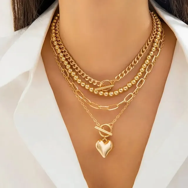 4Pcs/Set Punk Gold Color Heart Pendant Necklace for Women 2024 Trendy OT Buckle Beaded Neck Chain Choker Y2K Biżuteria Akcesoria