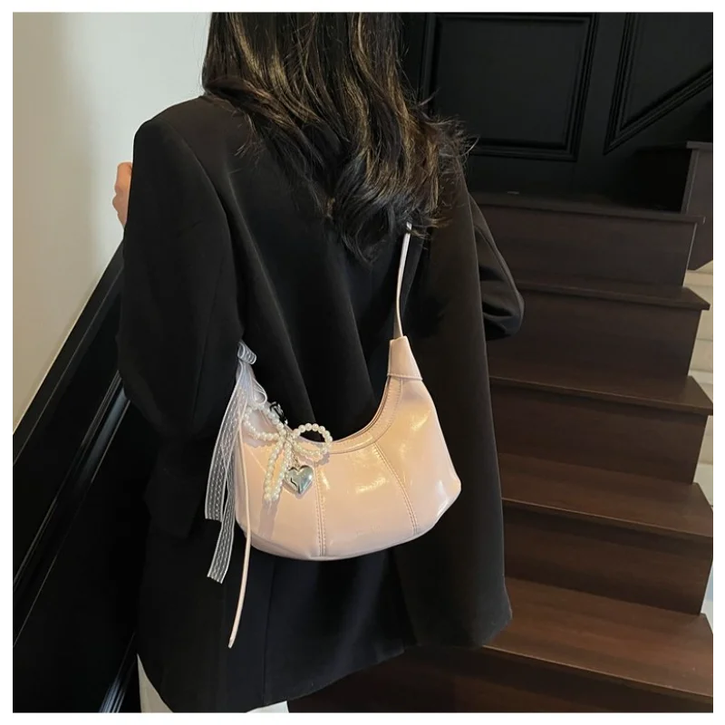 

CEEKAY 2026 Faux Leather Hobo Bag, Pearl & Heart Charm Shoulder Bag, Cute Bow Detail Casual Purse for Women Heart Pendant