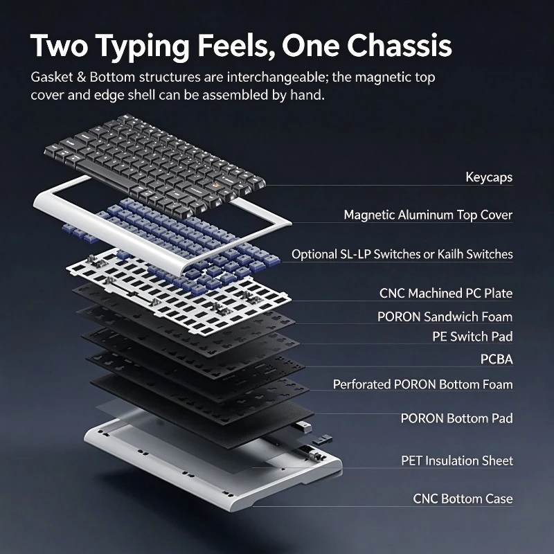 Mok Air 75% Low Profile Wired Mechanical Keyboard Custom Aluminum CNC HoswapThird Mode Magnetic Quick-release Gasket Kailh QMK