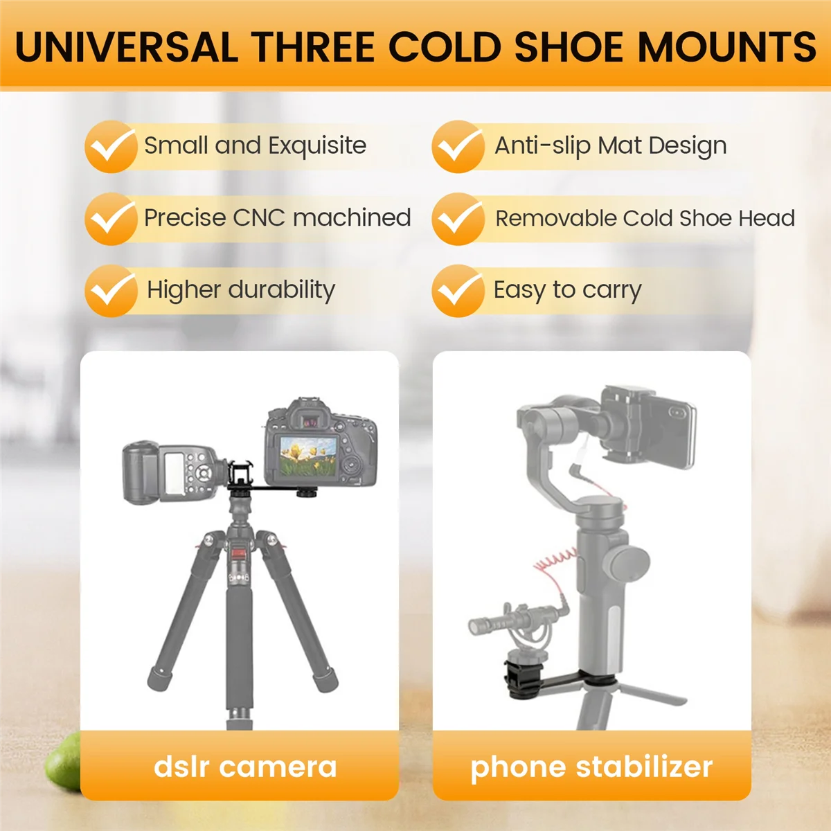 Universal Triplo Cold Shoe Mount, suporte de extensão, suporte adaptador para LED Video Light DSLR Phone Gimbal