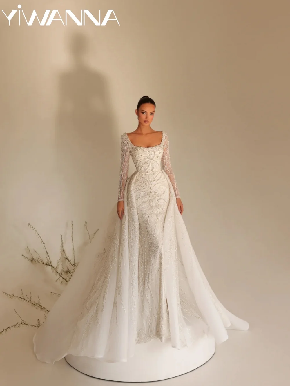 

Shinny Embroidery Pearls Wedding Dress With Overskirt Square Neck Long Bridal Gown Customized Luxury Elegant Dresses For Bride