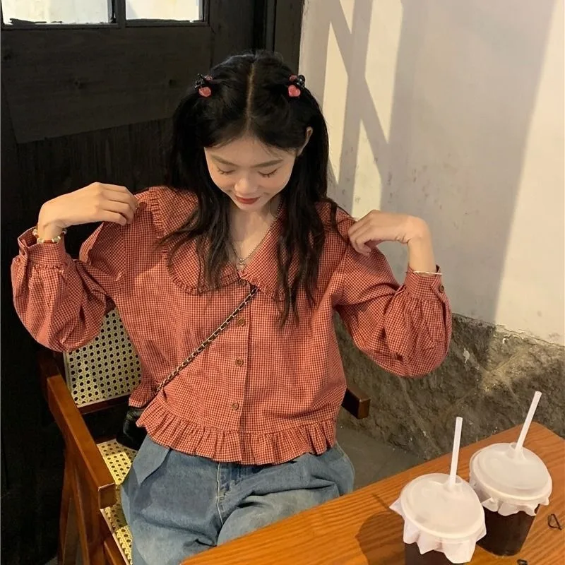 Peter Pan Collar Shirts Women Korean Style Red Plaid Tops Sweet Students Fungus Button Trendy Fashion Casual Daily High Street