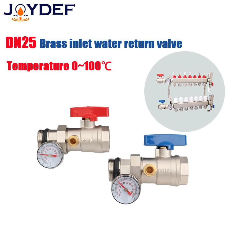 DN25 One Set  Brass Ball Valve with Thermometer 0~120 For Manifold Underfloor Heating System