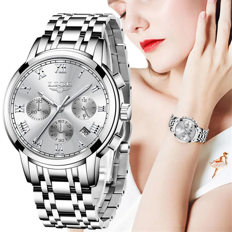 

New LIGE Elegant Luxury Woman Watch Fashion Steel Strap Auto Date Clock Casual Waterproof Quartz Wristwatches Gift for Women+Box